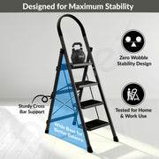 Plantex Steel Ladder for Home/Strong Foldable Wide 4 Step Ladder/Anti-Skid 4 Step Ladder - (Apex - Black)