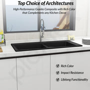 Plantex Kitchen Sink/UV Protected Quartz Sink for Kitchen/Double Bowl Sink with Coupling and Hose Pipe (Charcoal Black - 37x18inch)