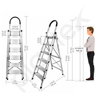 Plantex Surestep 6 Step Aluminum Ladder for Home/Non-Slip Wide Step Foldable Ladder for Home Use with Knee Guard, PVC Shoes and Cross Bars (Anodize-Silver)