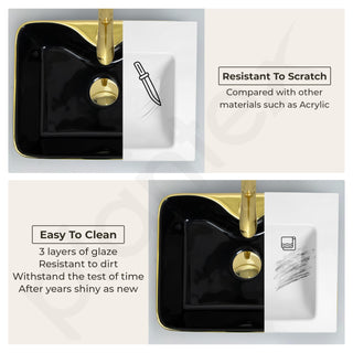 Plantex Ceramic Designer Washbasin for Bathroom/Countertop Wash Basin/Rectangle Tabletop Hand Wash Basin for Restaurant/Hotel (19x15x5 Inch - Black & Gold)