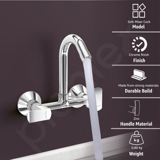 Plantex Sink Mixer for Kitchen/360 Degree Rotating Spout/Hot & Cold Water Mixer/Wall Mount Sink Mixer with Teflon Tap - Pack of 1 (Chrome, Kroma)