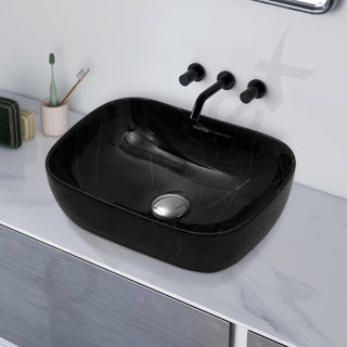 Plantex Ceramic Wash Basin for Bathroom/Hand Wash sink/Black Countertop Basin/Tabletop Washbasin For Living Room/Hotel(18x12.5x5.5 Inch - Black- Marble Finish)