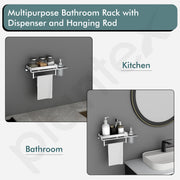 Plantex Stainless Steel 3in1 Multipurpose Bathroom Rack/Shelf with soap Dispenser and Towel Holder - Bathroom Accessories (15x6 Inches), Silver, Set of 1