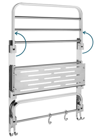 Plantex Folding Bathroom Shelf for Wall/304 Grade Stainless Steel Shelf for Bathroom with Hooks and Towel Rod/Rack/Premium Multipurpose Organizer (3-Tier, Chrome)
