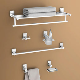 Plantex High Grade Stainless Steel Folding Towel Rack with Stainless Steel 304 Grade Darcy Bathroom Accessories Set 5pcs (Towel Rod/Napkin Ring/Tumbler Holder/Soap Dish/Robe Hook)