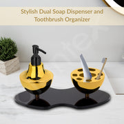 Plantex Liquid Soap Dispenser with Tumbler Holder for Bathroom/Stainless Steel and Acrylic 2 in 1 Shampoo Dispenser with Toothpaste Holder/Bathroom Accessories - Pack of 1 (Gold & Black)