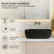 Plantex Wash Basin for Bathroom/Ceramic Basin/Rectangle Tabletop Basin/Wash Basin for Home/Restaurant (18 x 13 x 5 Inch - Charcoal Black)