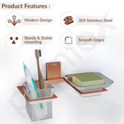 Plantex 304 Grade Stainless Steel Glass Soap Dish with Tumbler Holder/Soap Stand/Glass Toothbrush Holder/Bathroom Accessories - Crystal(PVD Rose Gold)