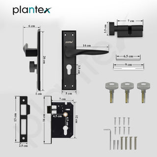 Plantex Heavy-Duty Door Lock Set - Main Door Lock Handle Set/ 6-Lever Lock Mechanism with 3 Years of Warranty/Mortise Lock with 3 Keys, Brass Lockbody & Cylinder(Black)