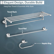 Plantex High Grade Stainless Steel Folding Towel Rack with Stainless Steel 304 Grade Niko Bathroom Accessories Set 5pcs (Towel Rod/Napkin Ring/Tumbler Holder/Soap Dish/Robe Hook)