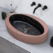 Plantex Ceramic Basin/Designer Washbasin for Bathroom/Oval Tabletop Wash Basin/Countertop Vessel Sink for Home/Office (Matt Brown & Black - 24 x 14 x 10 Inch)