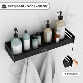 Plantex Multipurpose Aluminium Bathroom Wall Shelf/Bathroom Shelf Rack with Movable Hooks/Bathroom Accessories Set/Shelf for Bathrooms/Kitchen Organiser -(Black)