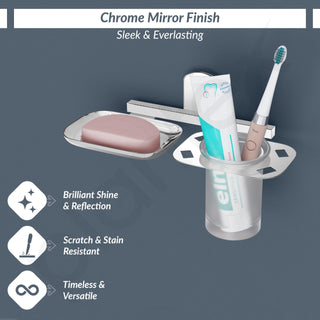 Plantex 304 Grade Stainless Steel 2in1 Soap Dish with Glass Tumbler Holder/Soap Stand/Tooth Brush Holder for Bathroom/Bathroom Accessories - Pack of 1 (Chrome)