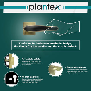 Plantex Main Door Lock/Mortise Lock for Doors - Robust Door Handle for Home with Brass Locks Body & Cylinder (PT-014, Brass Antique & Black)
