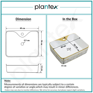Plantex Ceramic Hand Wash Basin for Bathroom/Countertop Wash Basin/Rectangle Tabletop Basin for Home Restaurant/Hotel (19x15x5.5 Inch - White & Gold)