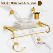 Plantex 304 Grade Stainless Steel Bathroom Accessories Set of 5 - Towel Rack/Napkin Ring/Soap Dish/Toothbrush Holder/Robe Hanger - Daizy (Golden)