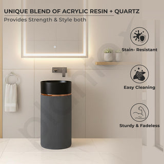 Plantex Matt Pedestal Wash Basin/Acrylic Resin & Quartz Free Standing Wash Basin/Round Basin For Bathroom/Home/Hotel/Restaurant- (Black And Grey, 16 X 16 X 34 Inch)