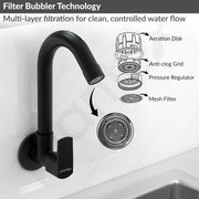 Plantex Single Lever Kitchen Sink Tap with Water Saving Aerator and Brass Spindle Tap/Quarter Turn Sink tap for Kitchen Basin with Wall Flange and Teflon Tape (Saga-Black)