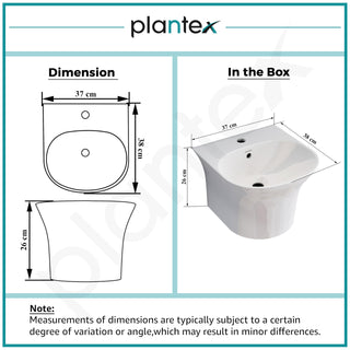 Plantex Ceramic Wash Basin/Wall Mount Half Pedestal WashBasin for Bathroom with 10 Years Glaze Warranty by Plantex/Wall Hung Basin for Home/Office/Hotels (White - 15 x 15 x 10 Inch)