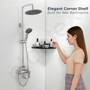 Plantex Black Glass Corner Shelf for Bathroom/Living Room Corner Shelf Wall Mount with Stainless Steel Railings and Brackets - Premium Bathroom Accessories (12 x 12 Inches - Pack of 1)