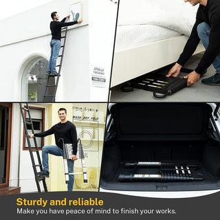 Plantex 3.8m (12.5 ft.) Portable and Compact Aluminium Telescopic Ladder with Removable Hooks/Foldable Multipurpose Ladder for Home & Outdoor Use/2 Years of Warranty By Plantex/EN131 Certified-(Black)