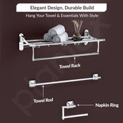 Plantex High Grade Stainless Steel Folding Towel Rack with Stainless Steel 304 Grade Squaro Bathroom Accessories Set 5pcs (Towel Rod/Napkin Ring/Tumbler Holder/Soap Dish/Robe Hook)