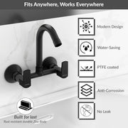 Plantex Sink Mixer Tap for Kitchen with 360Â° Swivel Spout/Hot and Cold Water Tap with Wall Flange and Teflon Tape/Brass Spindle Sink Tap (Saga-Black)