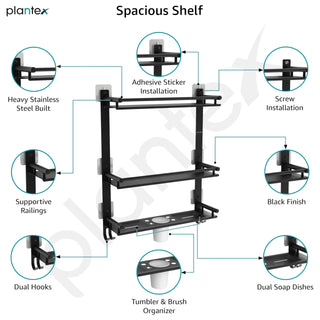 Plantex Self Adhesive Stainless Steel Shelf/Bathroom Organiser Without Drill/Shelf for Bathroom with Soap Dish/Toothbrush Holder/3 Tier Multipurpose Rack with Hooks (Black)
