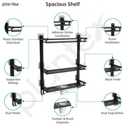 Plantex Self Adhesive Stainless Steel Shelf/Bathroom Organiser Without Drill/Shelf for Bathroom with Soap Dish/Toothbrush Holder/3 Tier Multipurpose Rack with Hooks (Black)