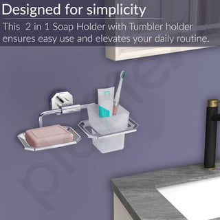 Plantex Soap Holder with Toothbrush Holder/304 Grade Stainless Steel Soap Dish with Tumbler Holder/Bathroom Accessories - Nipron (Chrome)
