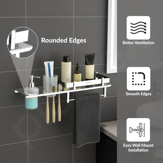 Plantex Stainless Steel 4in1 Multipurpose Bathroom Shelf/Bathroom Steel Rack with Tumbler Holder, Towel Rod and Liquid Soap Dispenser Chrome (18x5 inches)