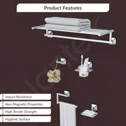 Plantex 304 Grade Stainless Steel Bathroom Accessories Set of 5 - Towel Stand/Napking Ring/Soap Holder/Toothbrush Stand/Robe Hanger - Squaro (Chrome)