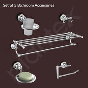 Plantex 304 Grade Stainless Steel Bathroom Accessories Set of 5 - Towel Stand/Napkin Ring/Soap Dish/Toothbrush Holder/Robe Hanger - Skyllo (Chrome)