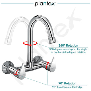 Plantex Pure Brass PAC-1814 Sink Mixer Tap Hot and Cold/Double Handle Water Tap for Bathroom Basin with Brass Wall Flange & Teflon Tape-Wall Mount (Chrome Finish)