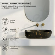 Plantex Ceramic Black Wash Basin for Bathroom/Hand Wash Sink/Countertop Basin/Tabletop Washbasin For Living Room (18x13x5 Inch - Marble Finish)
