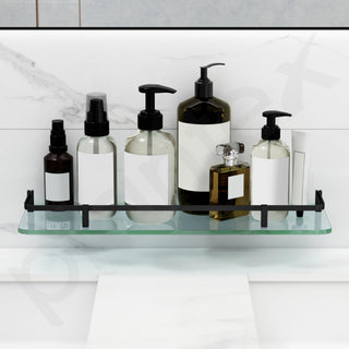 Plantex Premium Frosted Glass Shelf for Bathroom/Kitchen/Living Room with Brass Railings and Brackets - Bathroom Accessories (Black-18x6 - Pack of 1)