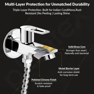 Plantex Pure Brass 2 in 1 Tap for Washing Machine/2-Way Bib Cock for Bathroom with Brass Wall Flange & Teflon Tape - (Chrome)