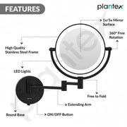 Plantex Brass and 304 Stainless-Steel Magnifying Mirror with LED/Wall Mount Makeup Mirror with Light/Zoom Mirror- 5x/1x Magnification (8 Inch-Black)