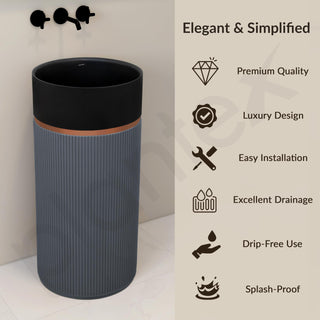 Plantex Matt Pedestal Wash Basin/Acrylic Resin & Quartz Free Standing Wash Basin/Round Basin For Bathroom/Home/Hotel/Restaurant- (Black And Grey, 16 X 16 X 34 Inch)