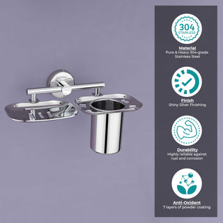 Plantex 304 Grade Stainless Steel 2in1 Soap Dish with Tumbler Holder/Soap Stand/Tooth Brush Holder/Bathroom Accessories - (Chrome)