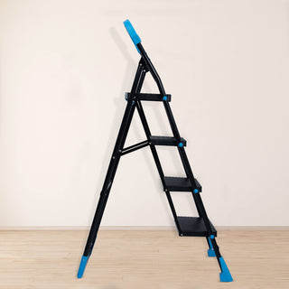 Plantex Heavy-Duty Mild-Steel Stylo Folding 4 Step Ladder for Home with Advanced Locking System - 4 Wide Step Ladder/Anti Skid Step Ladder(Black & Blue)