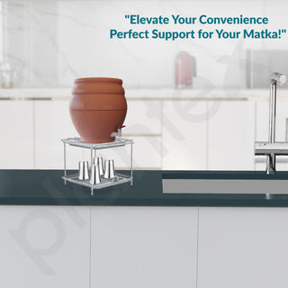 Plantex Matka Stand/Stainless Steel 2-Tier Matka Stand for Kitchen/Square Water Pot with Tray - 8 X 7.5 inch (Chrome)