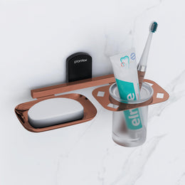 Plantex 304 Grade Stainless Steel 2in1 Soap Dish with Tumbler Holder/Soap Stand/Tooth Brush Holder/Bathroom Accessories - (Parv-Rose Gold & Black)