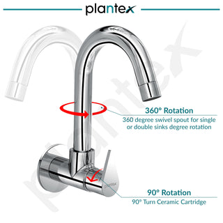 Plantex Kitchen Taps for Home Sink with Water Saving Nozzle/Kitchen Tap/High Arc 360° Swivel Spout for Sink Tap with Brass Wall Flange -(Pac-1810-Chrome)