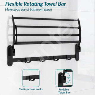 Plantex Stailness Steel Folding Towel Rack for Bathroom/Towel Rod with Hooks/Towel Stand/Towel Holder/Bathroom Accessories (24 inch) Matt Black