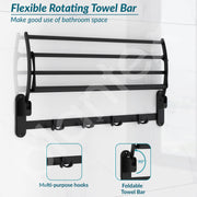 Plantex Stainless Steel Folding Towel Rack for Bathroom/Towel Rod with Hooks/Towel Stand/Towel Holder/Bathroom Accessories (24 inch) Matt Black