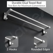 Plantex Dual Towel Rod for Bathroom/Space Aluminium Towel Holder/24 Inch Towel Hanger with Side Hooks/Bathroom Accessories - Pack of 1 (Silver)