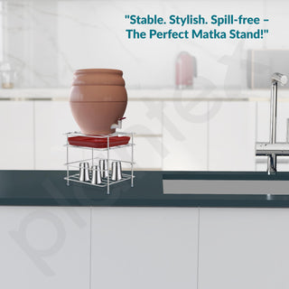 Plantex Matka Stand/Stainless Steel 2-Tier Matka Stands for Kitchen/Square Water Pot with Tray - (1186, Chrome)