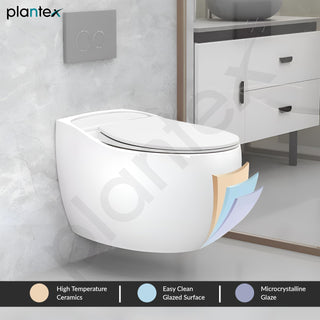 Plantex Ceramic Rimless Wall Hung Commode/Western Commode for Toilet/Rimless Washdown Flush with Soft Closing Toilet Seat Cover - P Trap Outlet (1181,White Glossy)