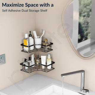 Plantex Self Adhesive Corner Shelf for Bathroom/GI Steel Shelf for Kitchen with Magic Stickers/Bathroom Organizer Without Drill - Pack of 2 (Black)